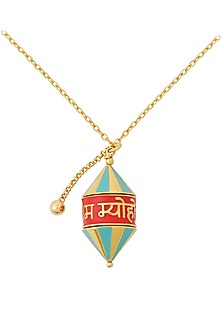 Gold Plated Blue Synthetic Stone Rotating Prayer Wheel Necklace