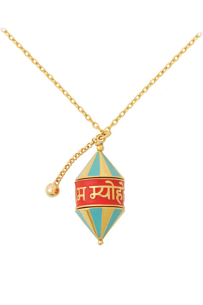 Gold Plated Blue Synthetic Stone Rotating Prayer Wheel Necklace