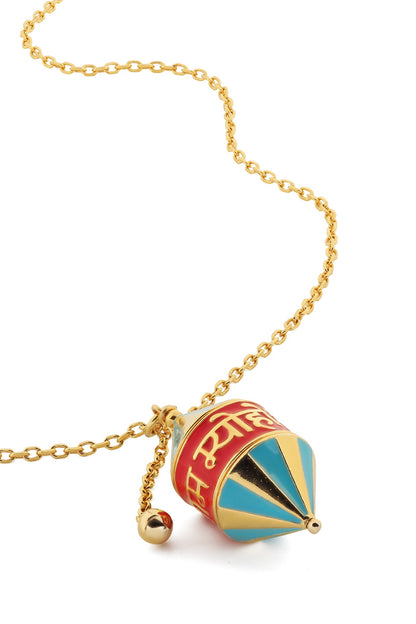 Gold Plated Blue Synthetic Stone Rotating Prayer Wheel Necklace