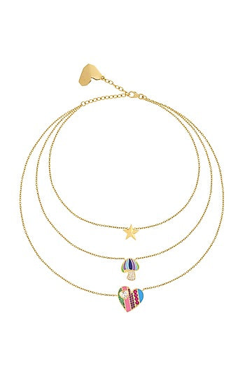 Gold Plated Multi-Colored Synthetic Stone & CZ Layered Charm Necklace