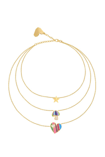 Gold Plated Multi-Colored Synthetic Stone & CZ Layered Charm Necklace