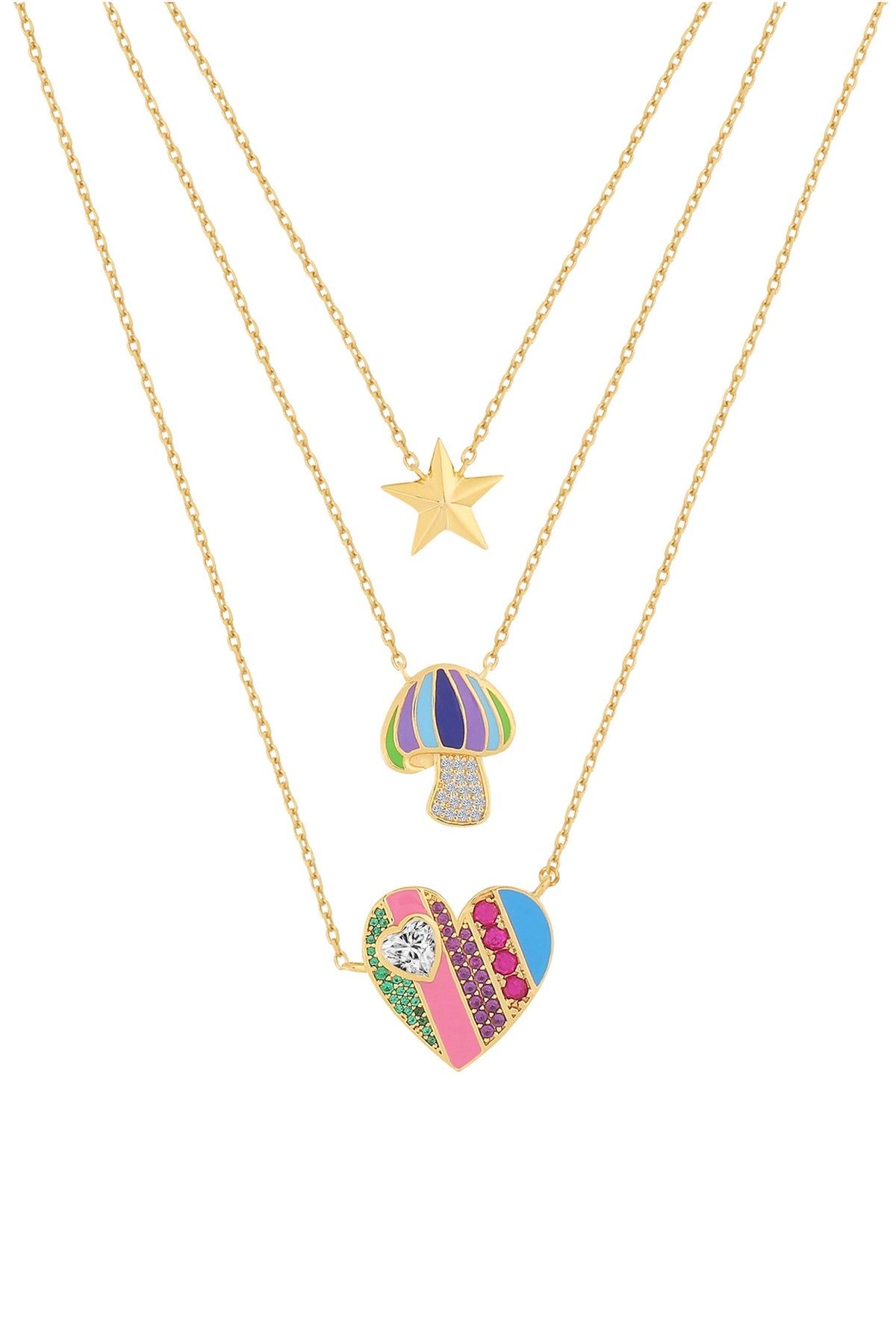 Gold Plated Multi-Colored Synthetic Stone & CZ Layered Charm Necklace