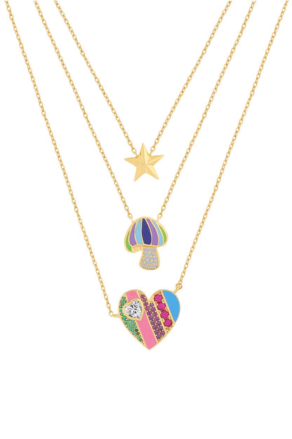 Gold Plated Multi-Colored Synthetic Stone & CZ Layered Charm Necklace