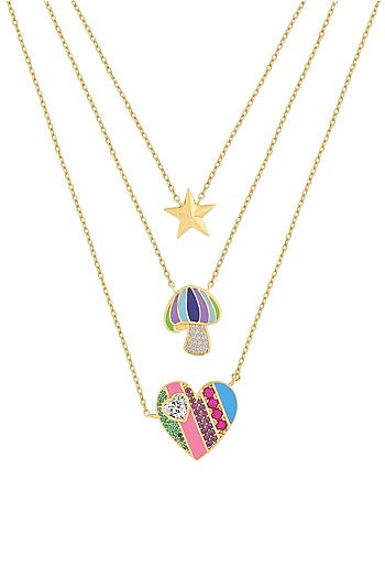 Gold Plated Multi-Colored Synthetic Stone & CZ Layered Charm Necklace