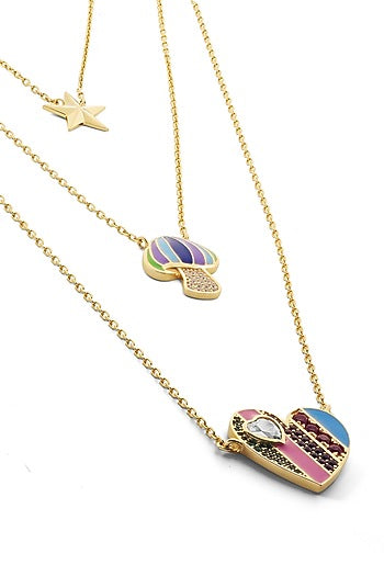 Gold Plated Multi-Colored Synthetic Stone & CZ Layered Charm Necklace