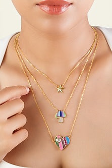 Gold Plated Multi-Colored Synthetic Stone & CZ Layered Charm Necklace