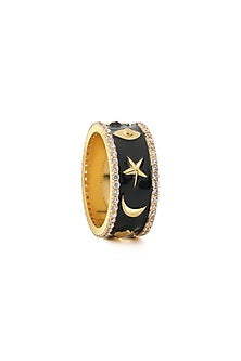 Gold Plated Black Synthetic Stone & CZ Lucky Charm Ring