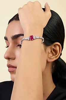 White Rhodium Finish Ruby Corundum & CZ Stone Tennis Bracelet