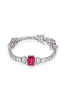 White Rhodium Finish Ruby Corundum & CZ Stone Tennis Bracelet