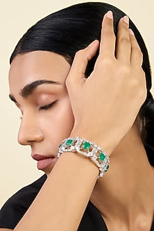 White Rhodium Finish CZ & Doublet Green Stone Halo Cuff