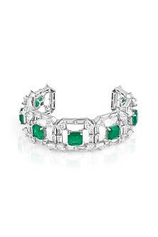White Rhodium Finish CZ & Doublet Green Stone Halo Cuff