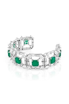 White Rhodium Finish CZ & Doublet Green Stone Halo Cuff