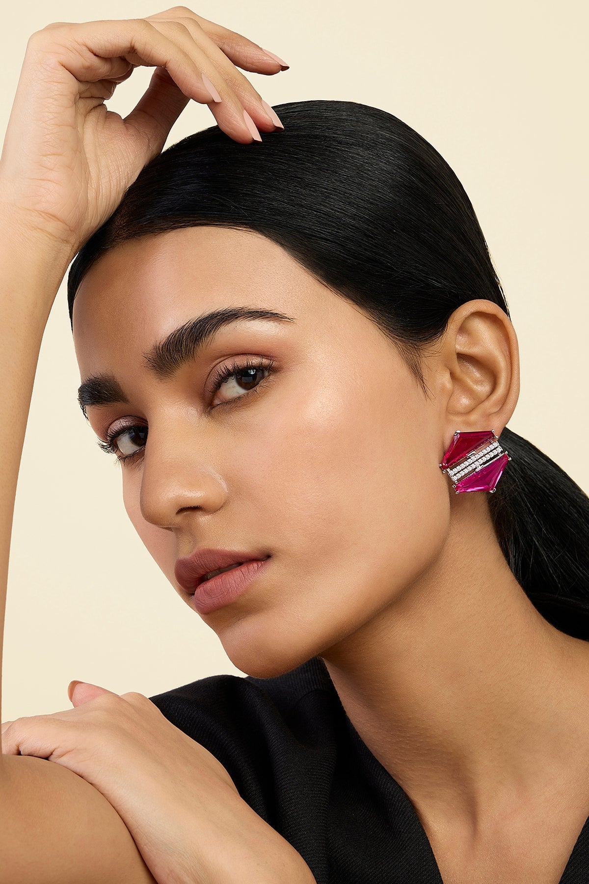 White Rhodium Finish Pink Tourmaline & Ruby Corundum Stone Stud Earrings