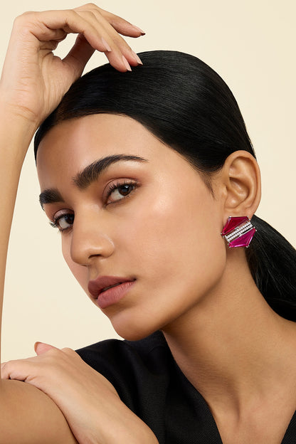 White Rhodium Finish Pink Tourmaline & Ruby Corundum Stone Stud Earrings