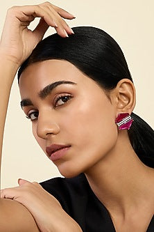 White Rhodium Finish Pink Tourmaline & Ruby Corundum Stone Stud Earrings