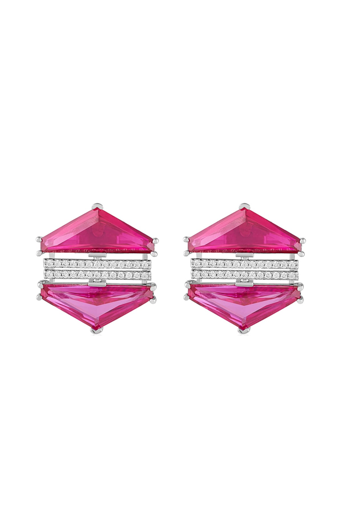 White Rhodium Finish Pink Tourmaline & Ruby Corundum Stone Stud Earrings