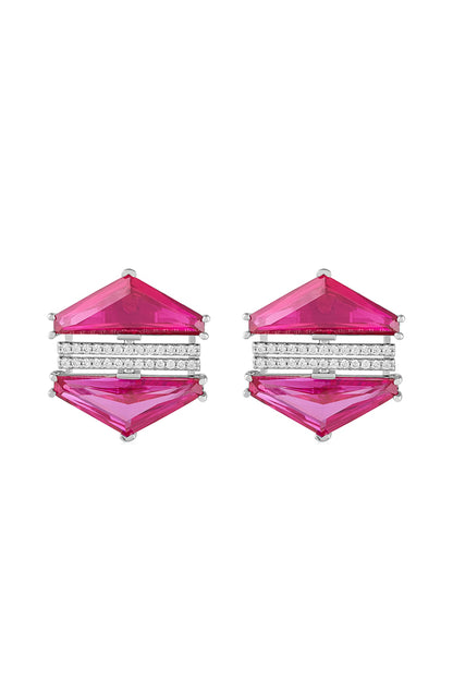 White Rhodium Finish Pink Tourmaline & Ruby Corundum Stone Stud Earrings