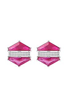 White Rhodium Finish Pink Tourmaline & Ruby Corundum Stone Stud Earrings