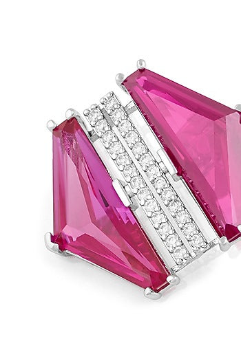 White Rhodium Finish Pink Tourmaline & Ruby Corundum Stone Stud Earrings