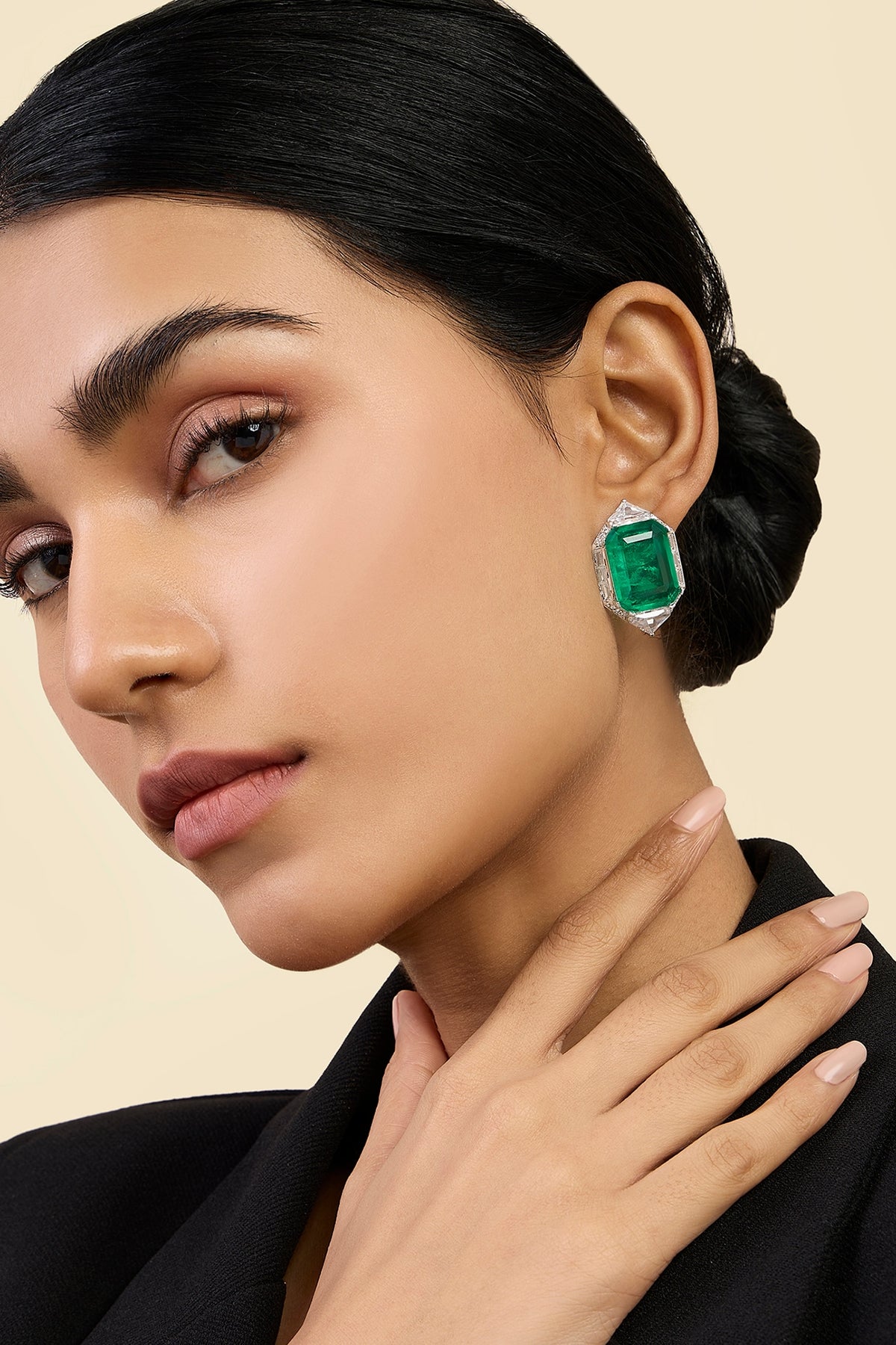White Rhodium Finish Doublet Dark Emerald & CZ Stone Stud Earrings
