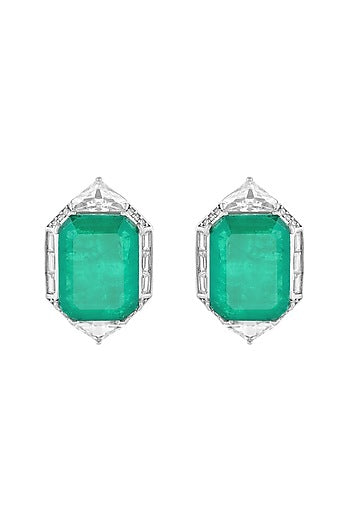 White Rhodium Finish Doublet Dark Emerald & CZ Stone Stud Earrings
