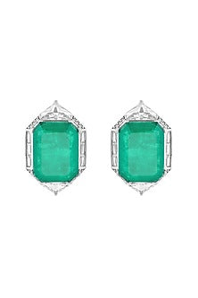 White Rhodium Finish Doublet Dark Emerald & CZ Stone Stud Earrings