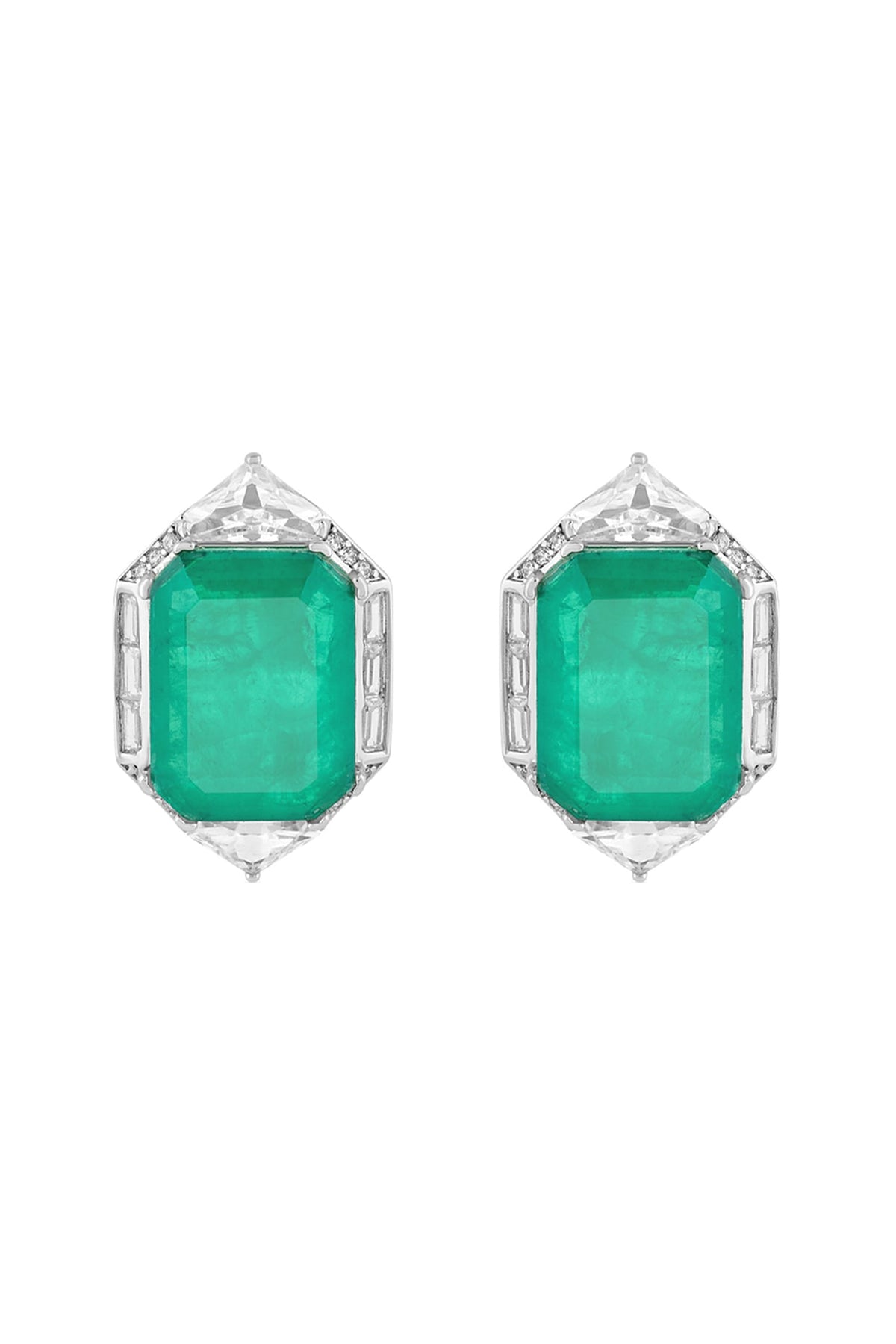 White Rhodium Finish Doublet Dark Emerald & CZ Stone Stud Earrings