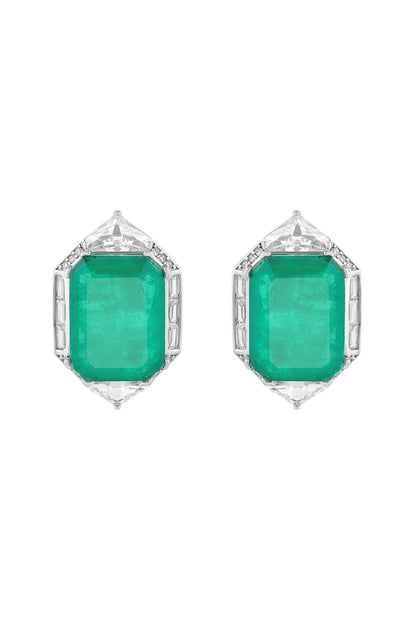 White Rhodium Finish Doublet Dark Emerald & CZ Stone Stud Earrings