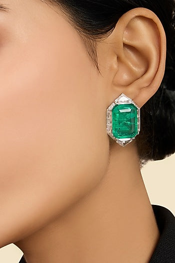 White Rhodium Finish Doublet Dark Emerald & CZ Stone Stud Earrings