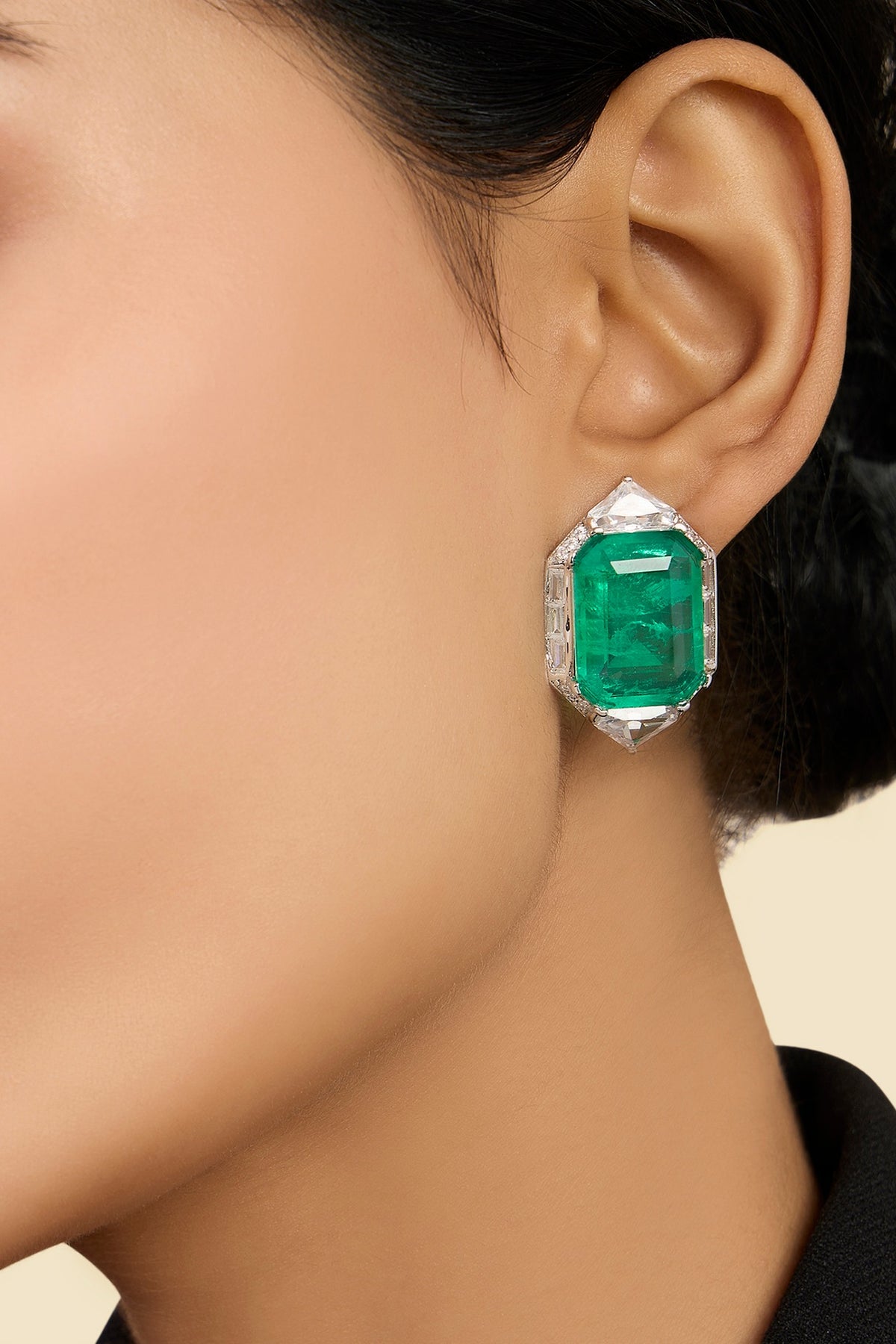 White Rhodium Finish Doublet Dark Emerald & CZ Stone Stud Earrings