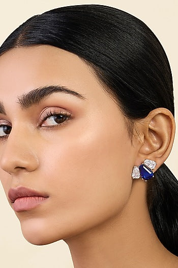 White Rhodium Finish Blue Corundum & CZ Stone Stud Earrings