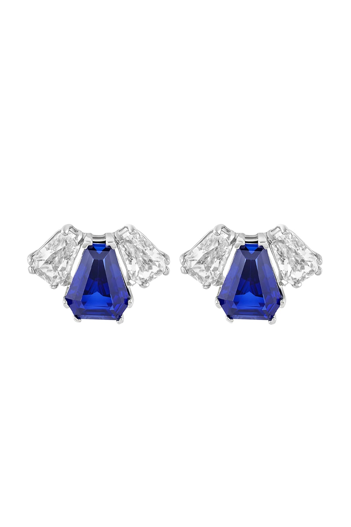 White Rhodium Finish Blue Corundum & CZ Stone Stud Earrings