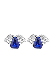 White Rhodium Finish Blue Corundum & CZ Stone Stud Earrings