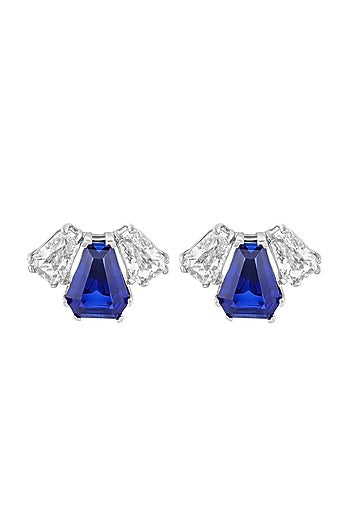 White Rhodium Finish Blue Corundum & CZ Stone Stud Earrings