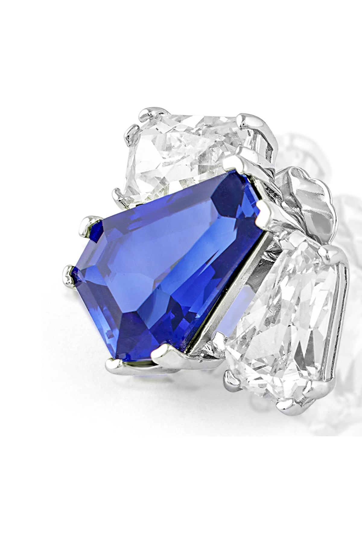 White Rhodium Finish Blue Corundum & CZ Stone Stud Earrings