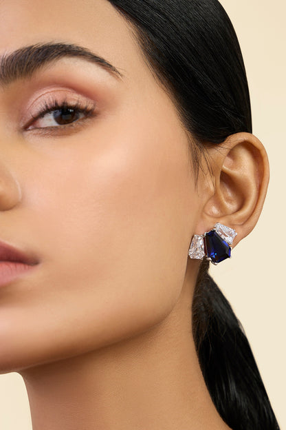 White Rhodium Finish Blue Corundum & CZ Stone Stud Earrings
