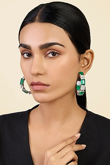 White Rhodium Finish Dark Emerald Baguette & CZ Stone Hoop Earrings