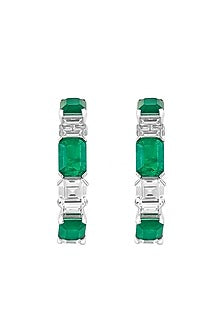White Rhodium Finish Dark Emerald Baguette & CZ Stone Hoop Earrings