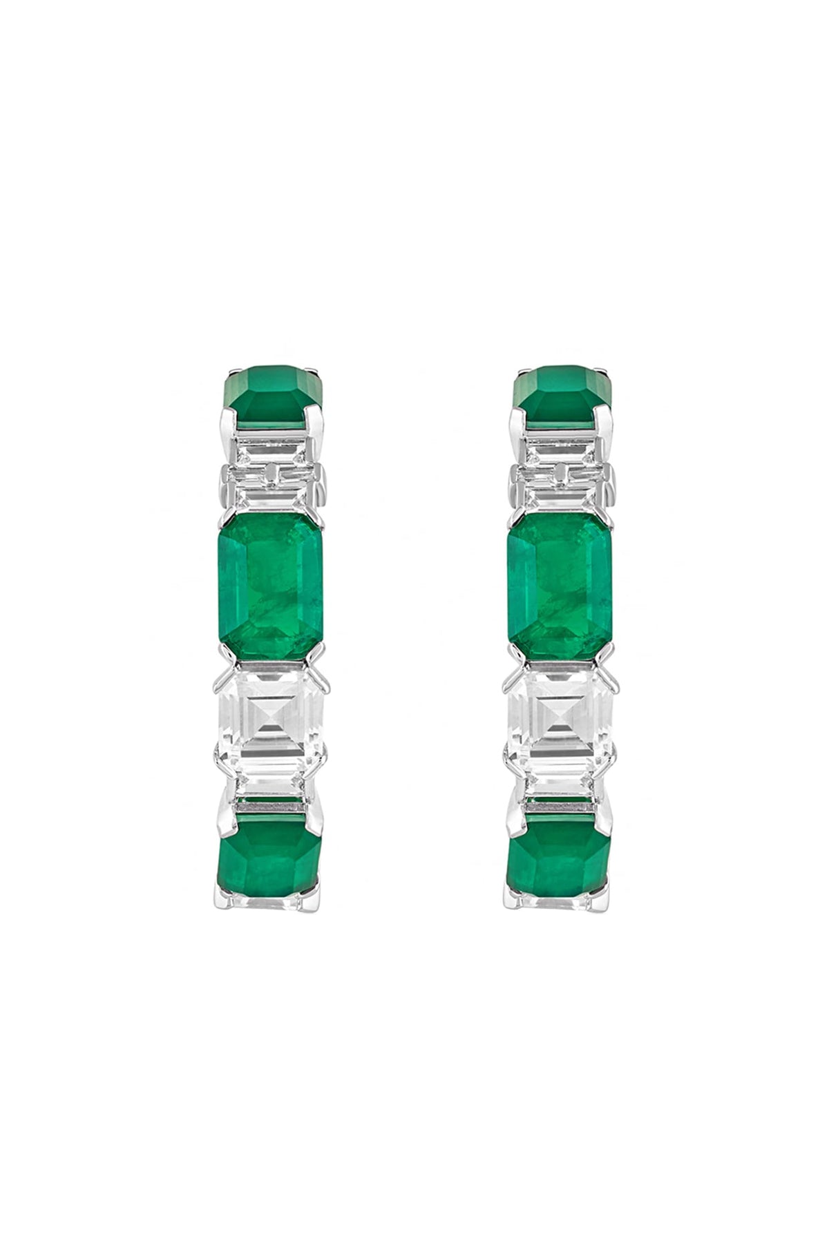 White Rhodium Finish Dark Emerald Baguette & CZ Stone Hoop Earrings