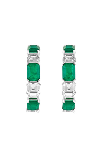 White Rhodium Finish Dark Emerald Baguette & CZ Stone Hoop Earrings