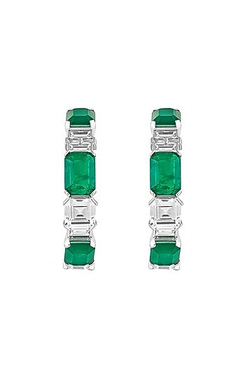 White Rhodium Finish Dark Emerald Baguette & CZ Stone Hoop Earrings