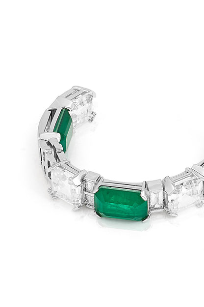 White Rhodium Finish Dark Emerald Baguette & CZ Stone Hoop Earrings