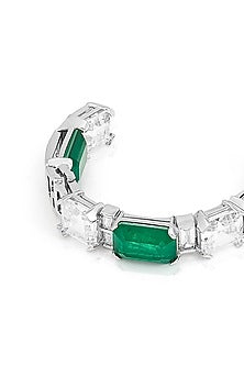 White Rhodium Finish Dark Emerald Baguette & CZ Stone Hoop Earrings