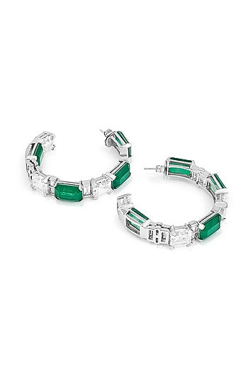 White Rhodium Finish Dark Emerald Baguette & CZ Stone Hoop Earrings