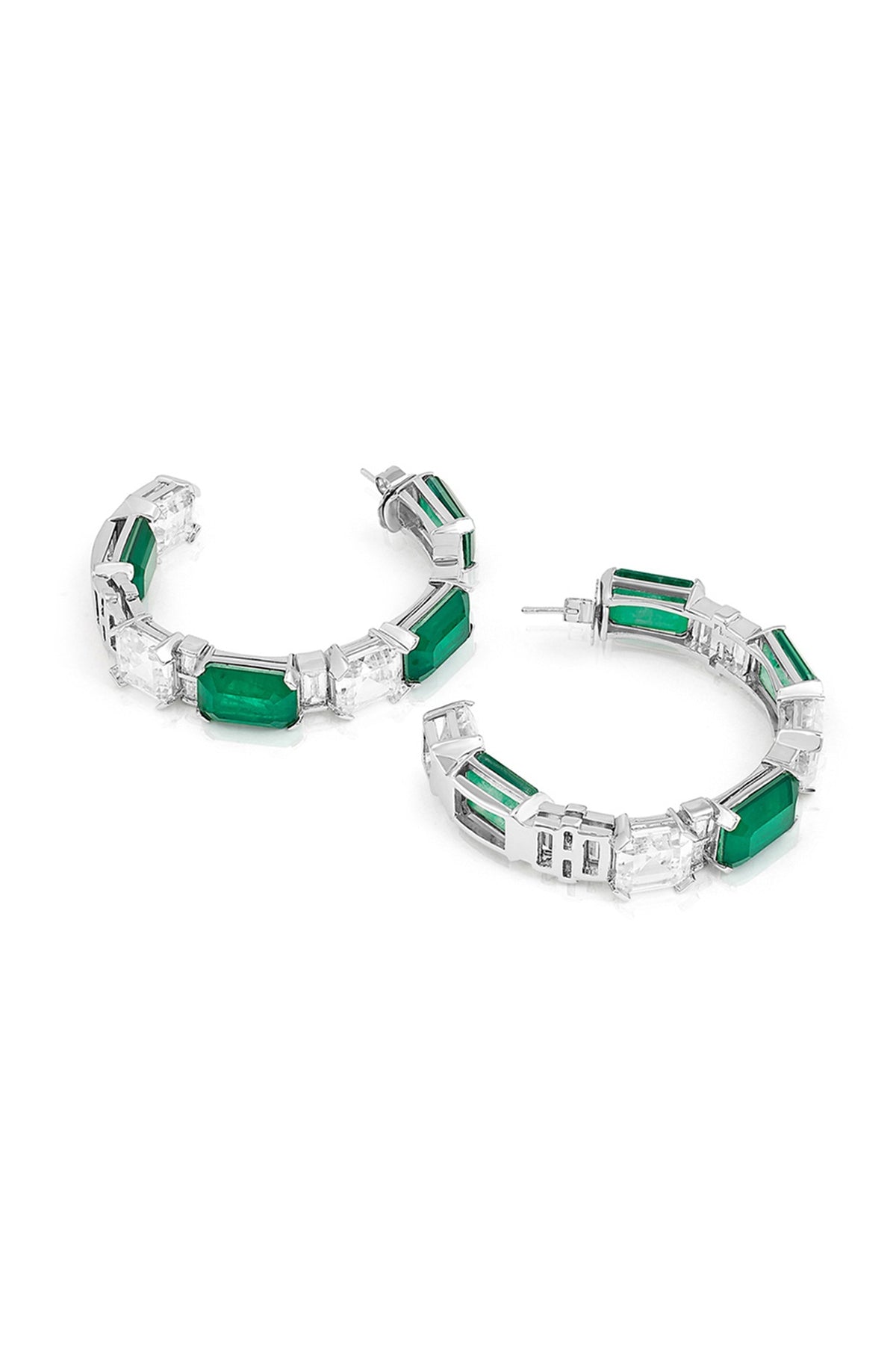 White Rhodium Finish Dark Emerald Baguette & CZ Stone Hoop Earrings