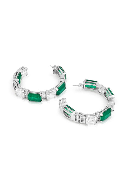 White Rhodium Finish Dark Emerald Baguette & CZ Stone Hoop Earrings