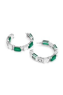 White Rhodium Finish Dark Emerald Baguette & CZ Stone Hoop Earrings