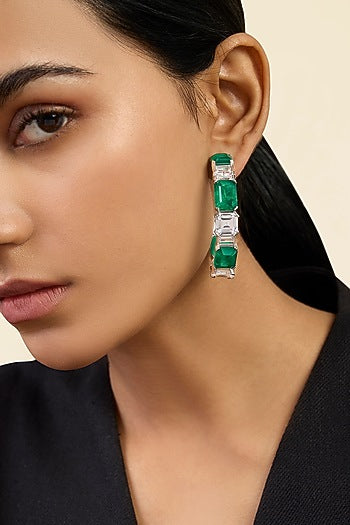 White Rhodium Finish Dark Emerald Baguette & CZ Stone Hoop Earrings