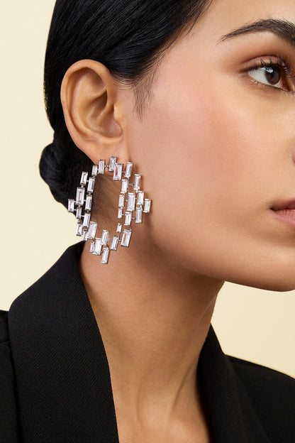 White Rhodium Finish CZ Stone Stud Earrings