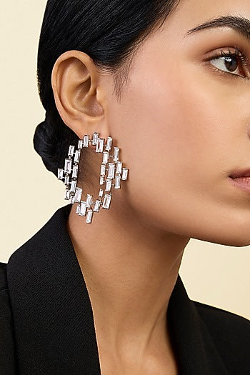 White Rhodium Finish CZ Stone Stud Earrings